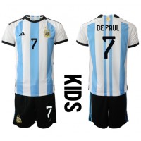 Camiseta Argentina Rodrigo de Paul #7 Primera Equipación para niños Mundial 2022 manga corta (+ pantalones cortos)